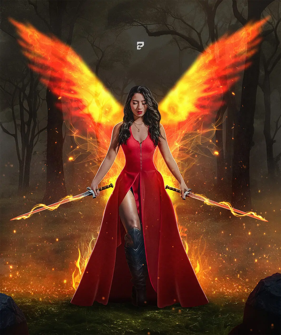 Woman in red dress and wings of fire, with flaming swords in a forest setting in the darkness.