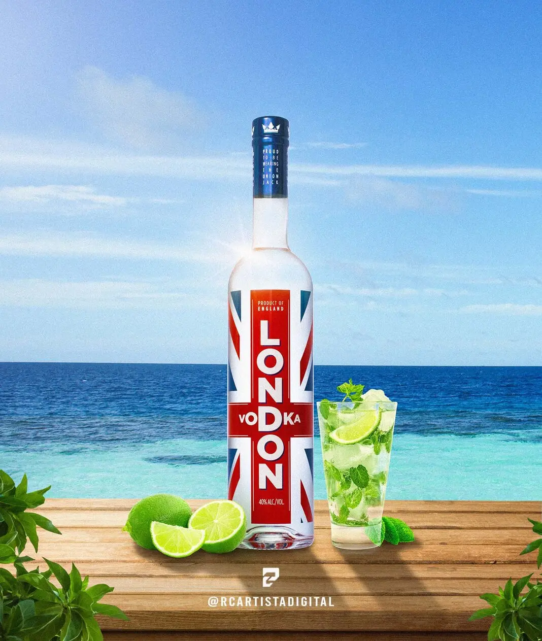 Photo montage Vodka, lemon and beach.