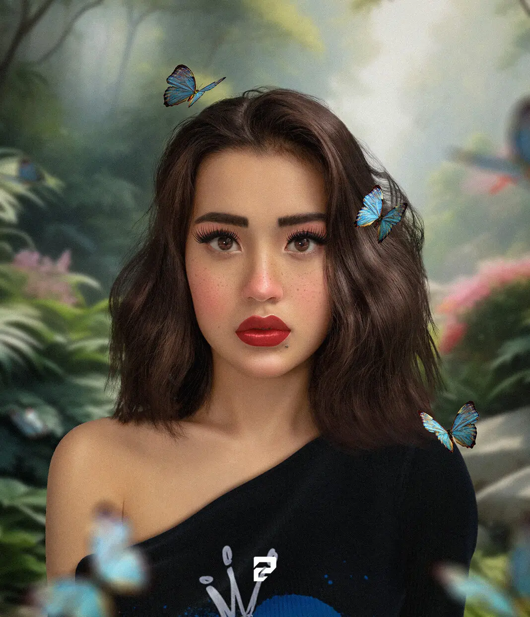 Skin and makeup touch-up with scene changes and addition of elements.